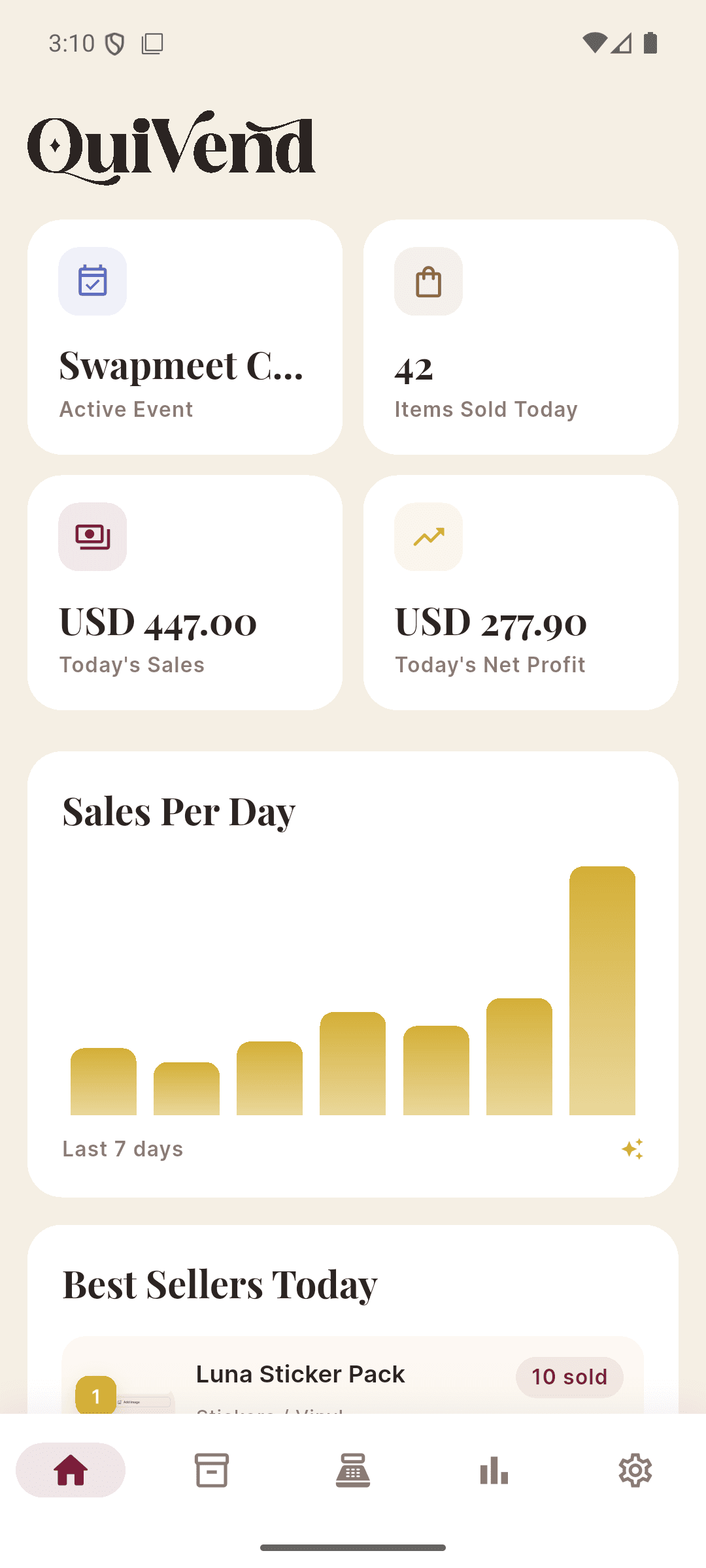 QuiVend home dashboard showing today's sales in USD, net profit, items sold, a sales-per-day chart, and best sellers